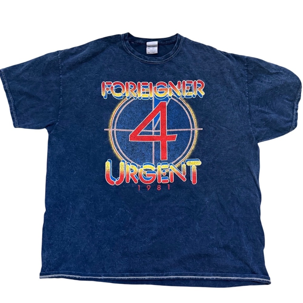 Colortone Foreigner 4 Urgent 1981 Mineral Wash Graphic T-Shirt Navy Blue 2XL